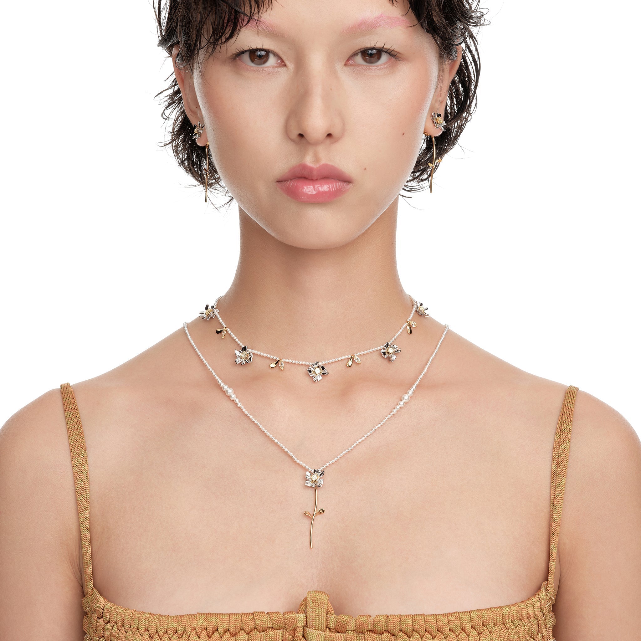 Ripple / Square Flower Pearl Chain Necklace mysite
