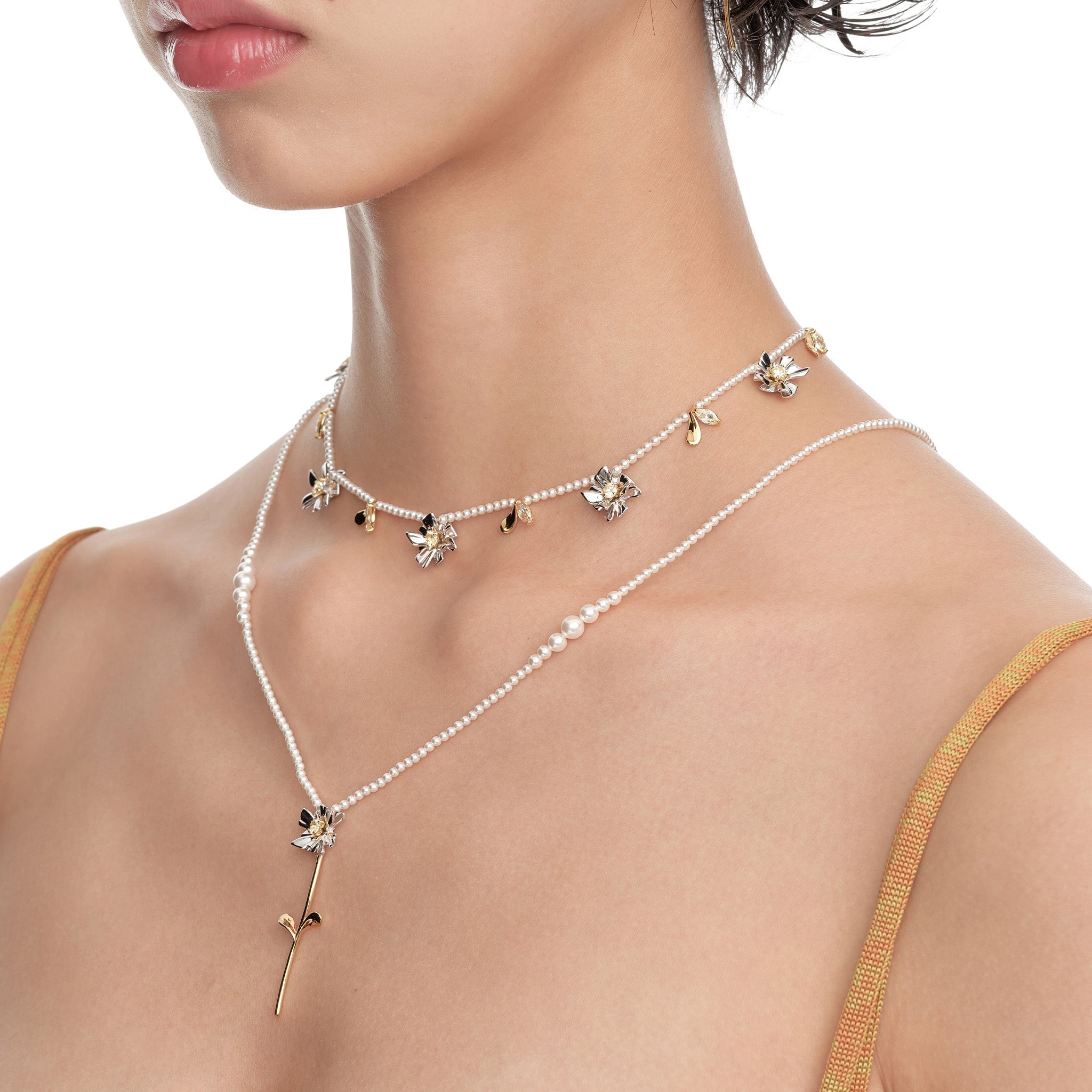 Ripple / Square Flower Pearl Chain Necklace mysite