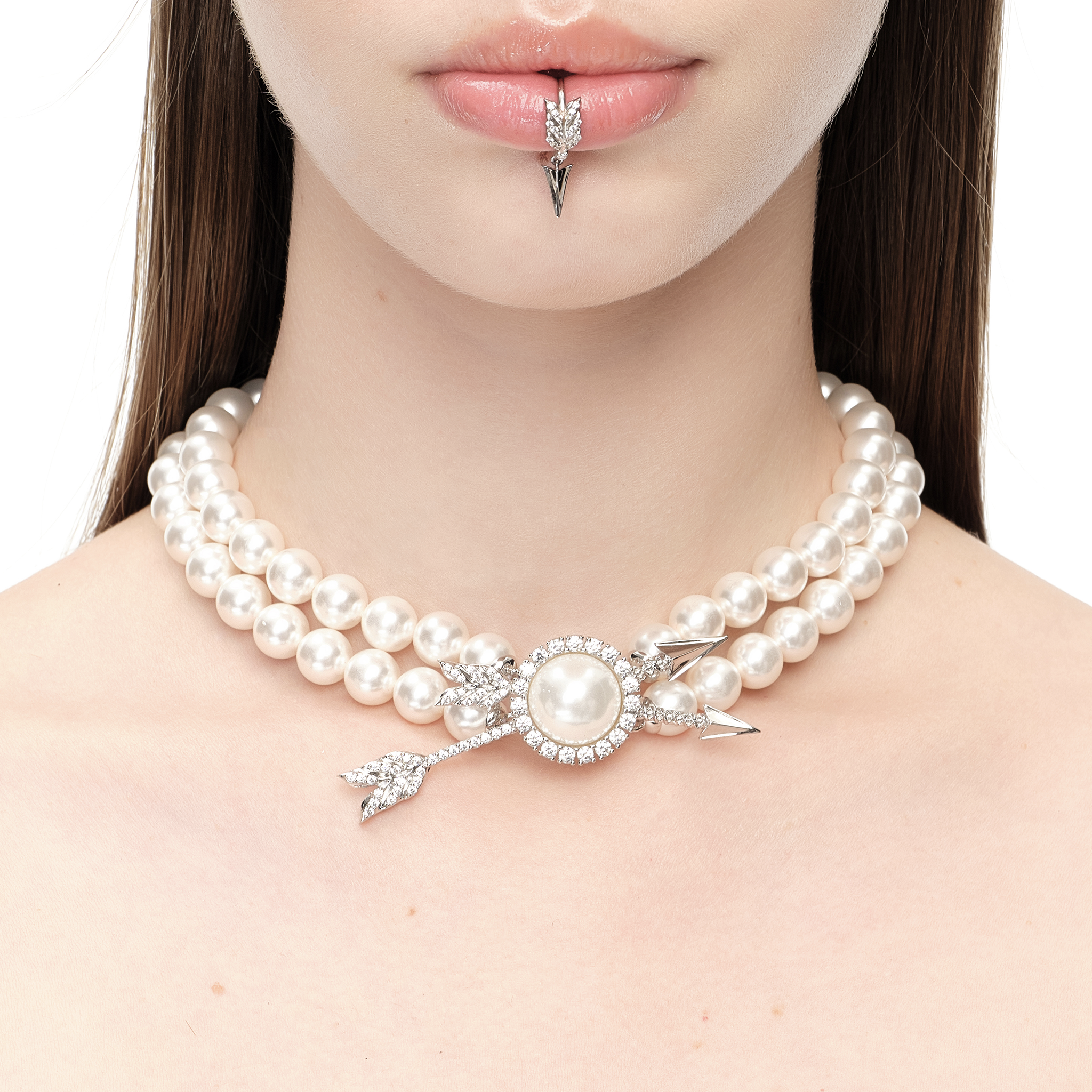 YVMIN X SHUSHUTONG / Double Arrow Pave Pearl Layers Necklace mysite