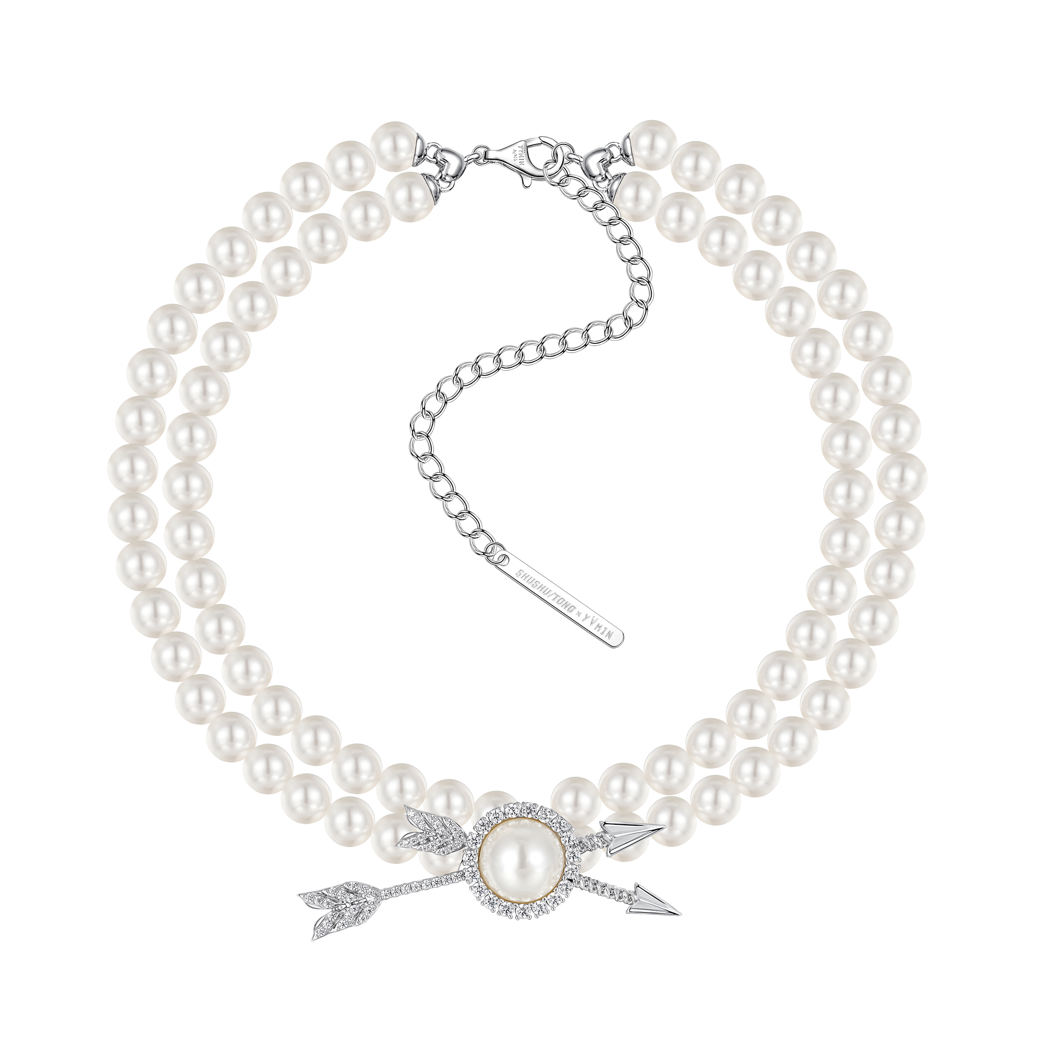 YVMIN X SHUSHUTONG / Double Arrow Pave Pearl Layers Necklace mysite